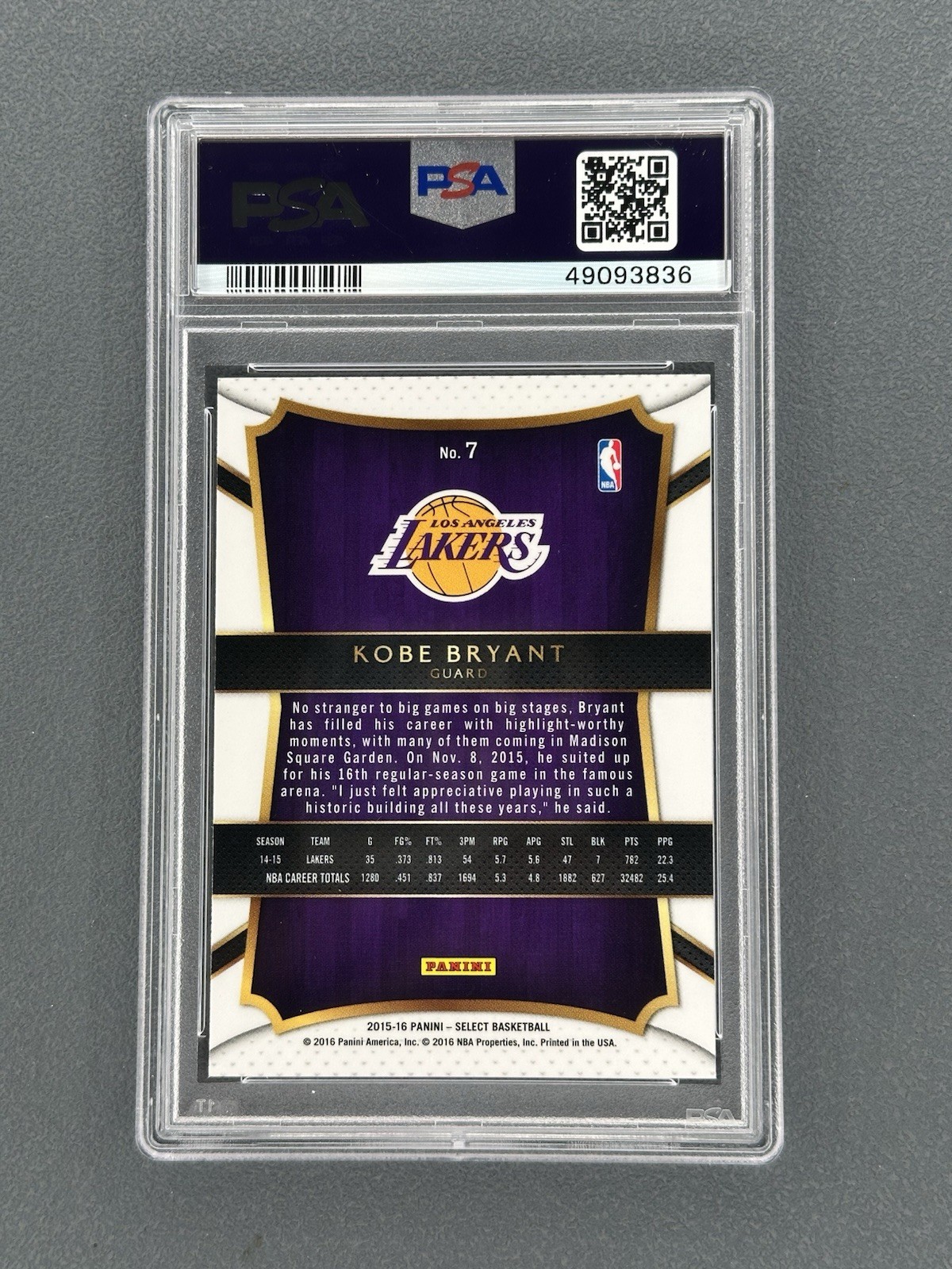 2015 PANINI SELECT KOBE BRYANT #7 LOS ANGELES LAKERS NBA BASKETBALL PSA 9 MINT