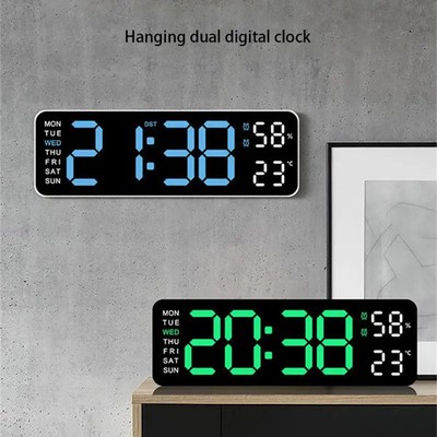 9 Inch Large Digital Wall Clock USB Powered TEMP Humidity Week Auto Dimmer DST T