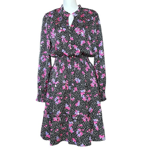 C WONDER Women’s Dress sz L Black w/Hearts Flowers Satin Tiered Puff Sleeve - Picture 2 of 11