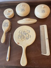 Vintage Celluloid Vanity Dresser Set Monogrammed Brush Comb Dish Mirror Set