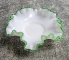 Vintage Fenton Emerald Green Crested White Milk Glass Candy/ Bon Bon Dish