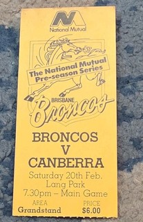 NRL Vintage BRISBANE Broncos v Canberra Raiders Ticket Signed By Wally Lewis