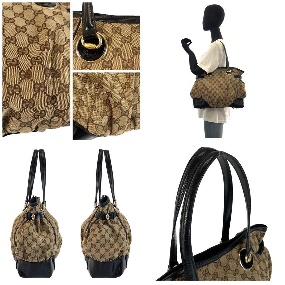 Gucci Beige Black GG Canvas Leather Women's Tote Bag Used Excellent Condition thumbnail 3