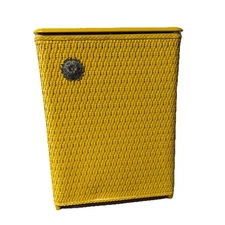 Vintage Yellow Woven Wicker Laundry Hamper Mid Century Hinged Lid Basket MCM