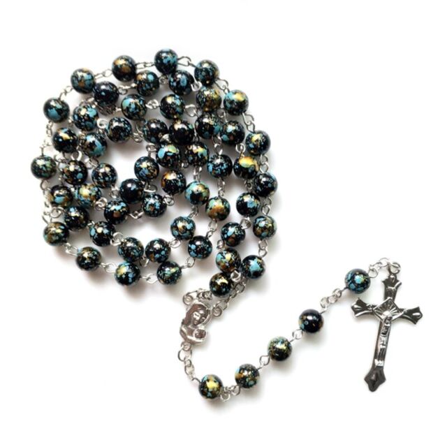 Vintage Rosary Catholic Prayer Crystal Bead Necklace Christ Jesus for Neck