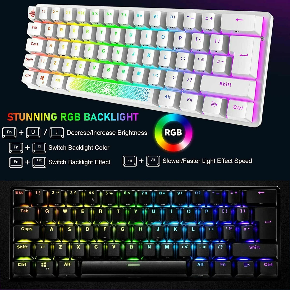 60% Layout Mechanical Gaming Keyboard Wired 61 Keys RGB Backlit