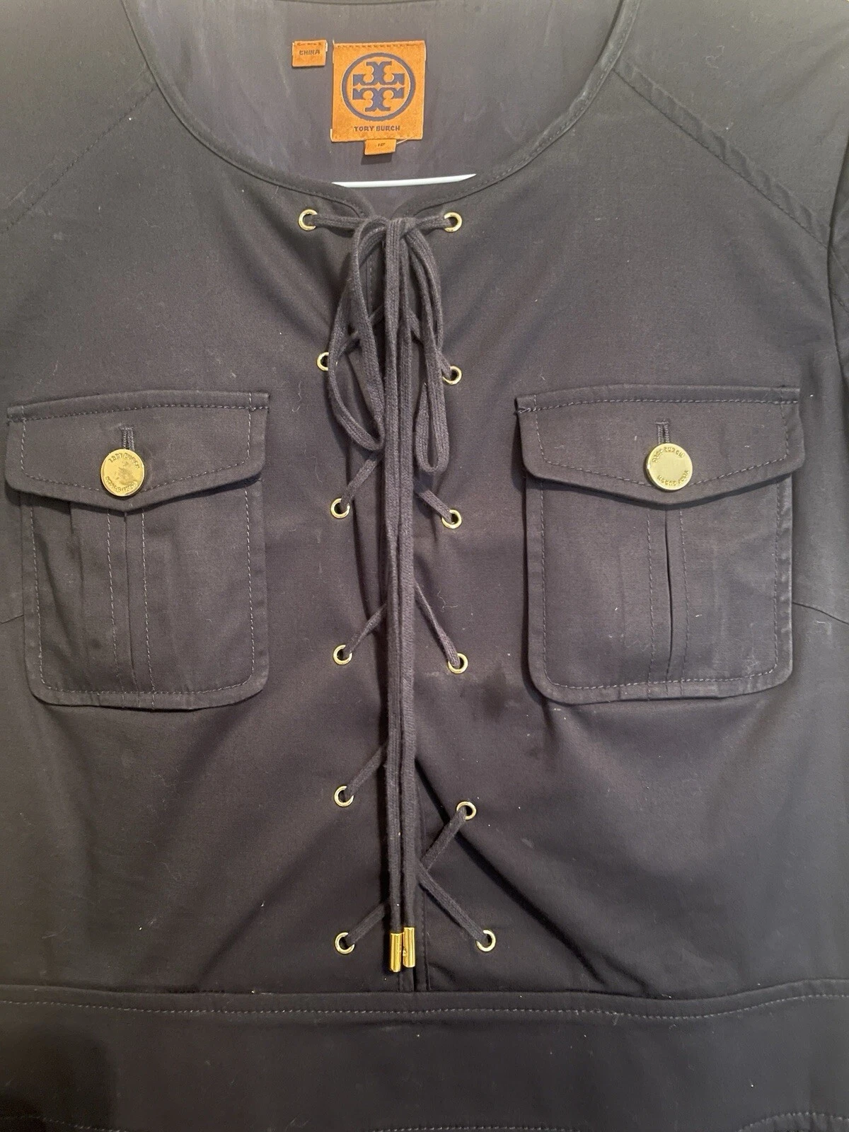 Abito Tory Burch taglia 10 12 blu navy con Bttns oro ispirazione nautica completamente foderato