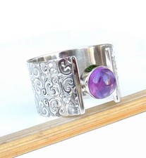 925 Sterling Silver Wide Band Ring, Amethyst Purple Ring Size 12-AM023
