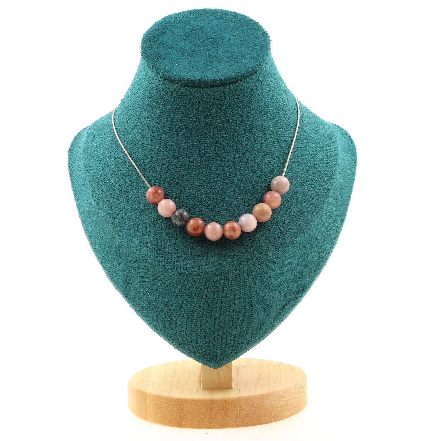 Pierre de soleil collier 10 perles 8mm avec chaine en argent pour lithothérapie