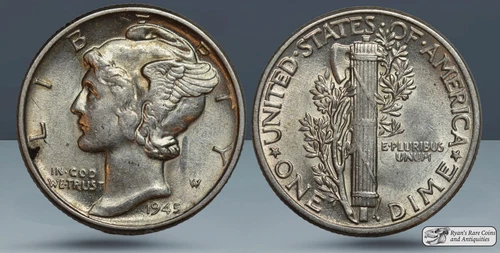 1945 Mercury Dime, Uncirculated, Silver, Ryan's Rare Coins & Antiquities, C7752