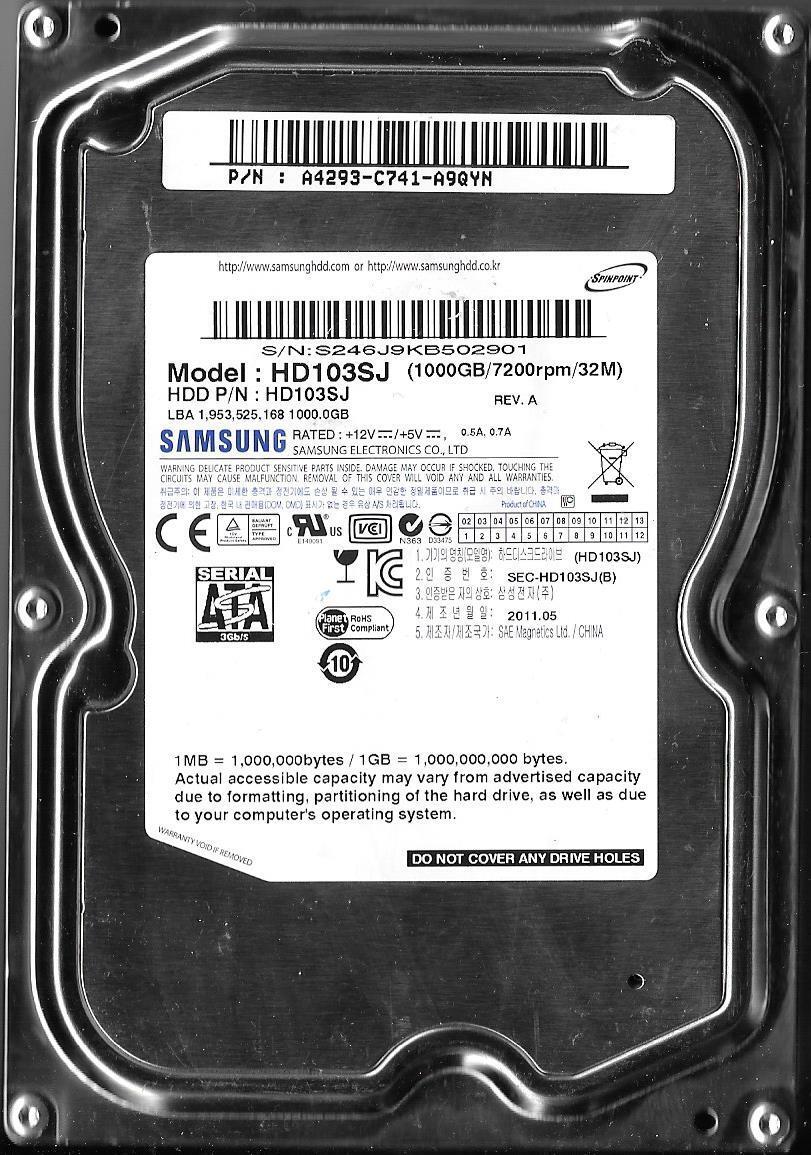 SAMSUNG HD103SJ 1TB SATA HARD DRIVE P/N: A4293-C741-A9QYN FW SAMSUNG HD103SJ 1TB SATA HARD DRIVE P/N: A4293-C741-A9QYN FW