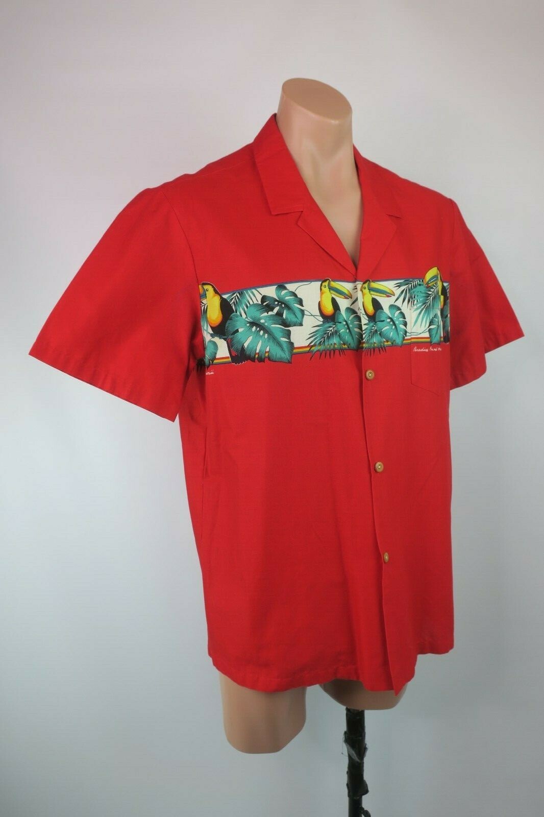 Red Vintage Tom Selleck Magnum P.I. Hawaiian Toucan PARADISE FOUND Button Up L