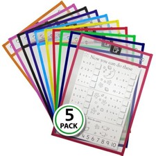 5 Pack 10x13 Dry Erase Pockets Sleeves with 3 Holes for Binder - Multicolored