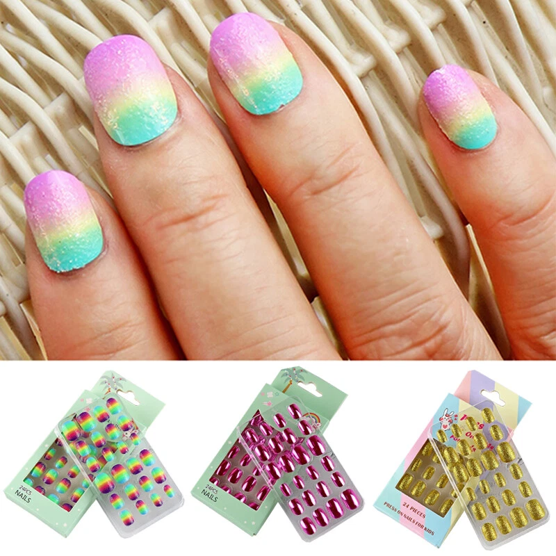 24PCS Children s False Nails Acrylic Short Sparkling Full Nail Art Cute Manicure