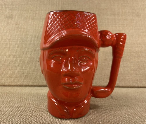 Frankoma Pottery Golf Man Head Mug Coffee Cup Orange Golf Club Ball Hat 1979