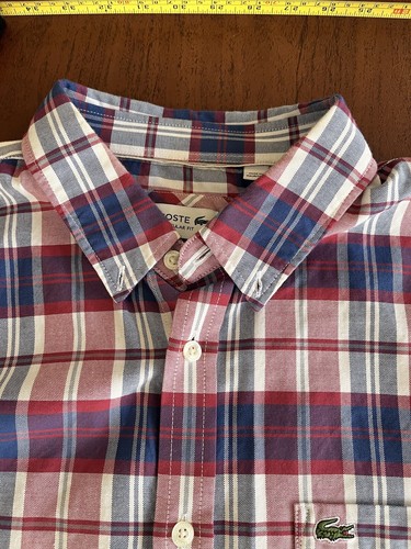 Lacoste Size 42 Regular Fit Blue Check Short Sleeve Button Down Shirt L - Picture 6 of 9