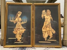 Antique Vintage TURKISH Mixed Media Bamboo Straw Art Paintings Traditional Women
