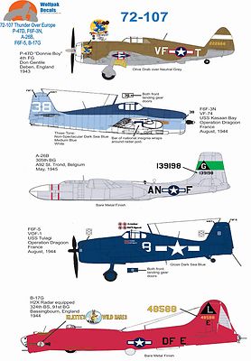 Wolfpak Decals 72-107 Thunderbolt B-17 Fortress Hellcat Douglas Invader Bomber