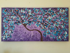 QUADRO MODERNO DIPINTO A MANO ALBERO DELLA VITA FIORI BLU 40x80x4 RIF222