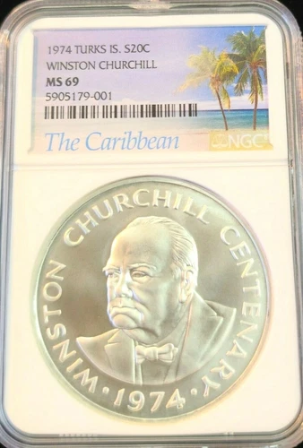 1974 TURKS & CAICOS SILVER 20 CROWNS WINSTON CHURCHILL NGC MS 69 SCARCE TOP POP