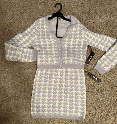 haute monde blue white houndstooth skirt cardigan sweater set