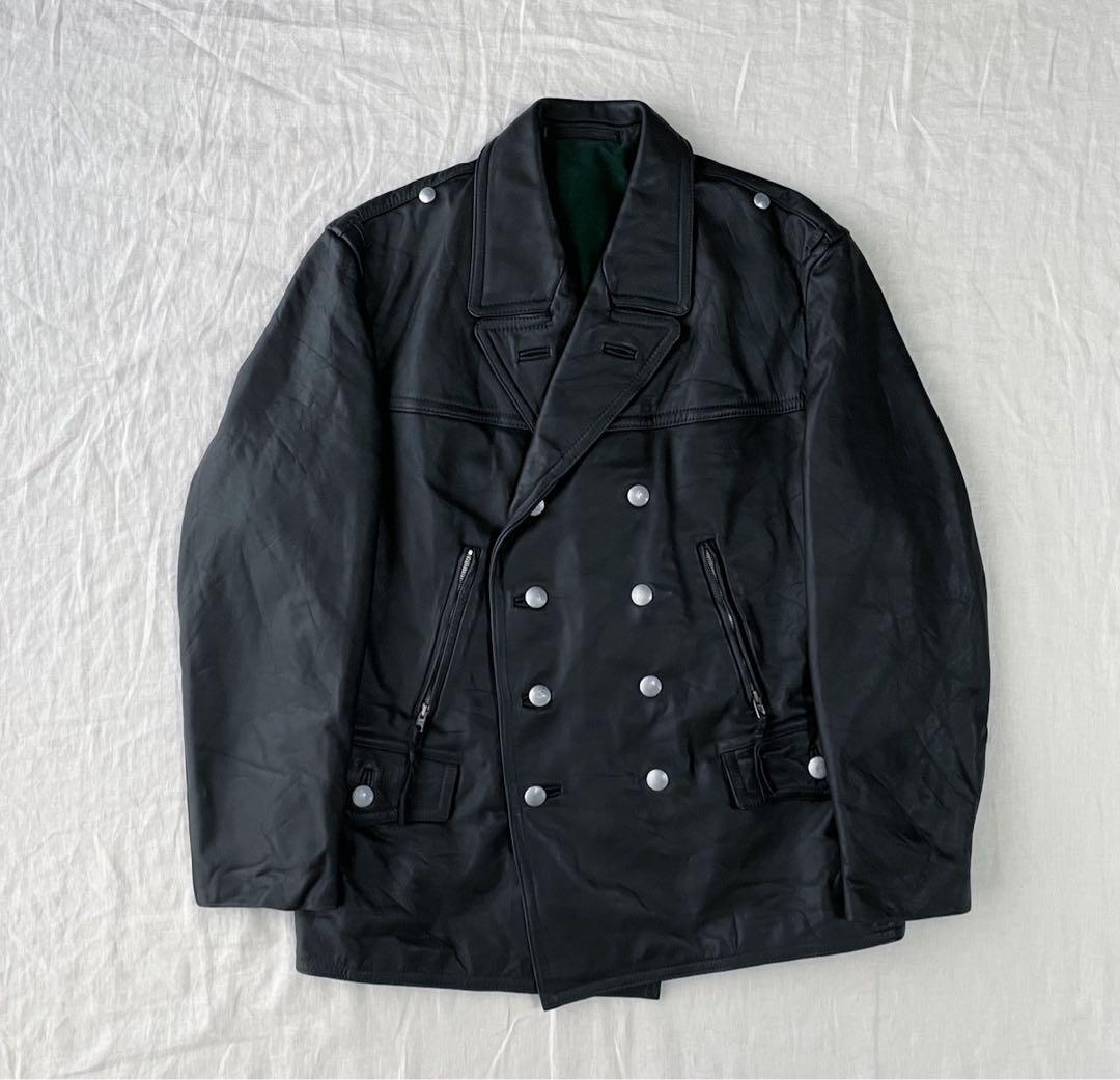 German Army 50s 60s Vintage Leather Coat B Guard Dark Green Silver Buttons