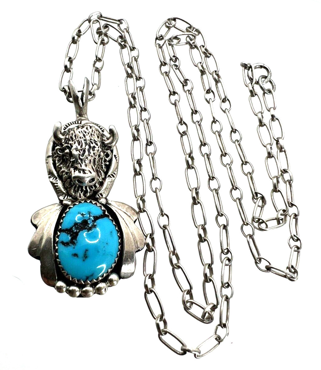 Native Sterling Silver Buffalo Head Turquoise Pen… - image 1