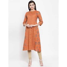 Orange Blockprinted A Line Kurta Traditonal Look India Party Wear Beautiful Gift