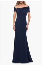 LA FEMME OFF THE SHOULDER NAVY TRUMPET GOWN sz 18