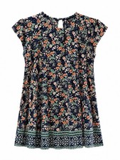 Angie Womens Floral Navy Blue Cap Sleeve Mini Dress Boho Rayon Size L