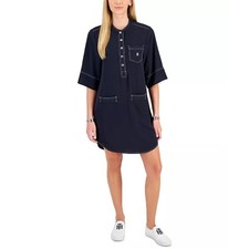 Tommy Hilfiger Button-Placket Popover Mini Dress Womens Large Navy Shift