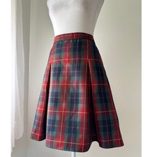 Vintage '80s Dennis Red, Navy Green Plaid Pleated Knee Length Uniform Skirt