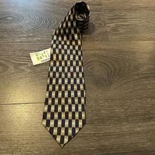 CHAS REED MENS TIE Navy GOLD Tan Geometric Pattern 100% Silk 4 X 57 NWT