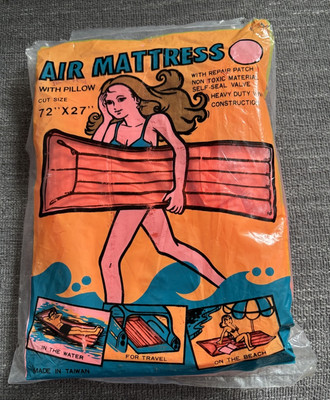 VTG Air Mattress Pool Float With Pillow & Repair Patch Orange 72'' X 27'' New Open