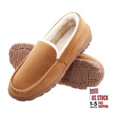Mens Moccasin Slippers Memory Foam Slippers Warm Plush Fluffy 10 Beige