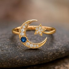 Moon Star Celestial Adjustable Ring Lab Created Diamond 14K Yellow Gold Plated