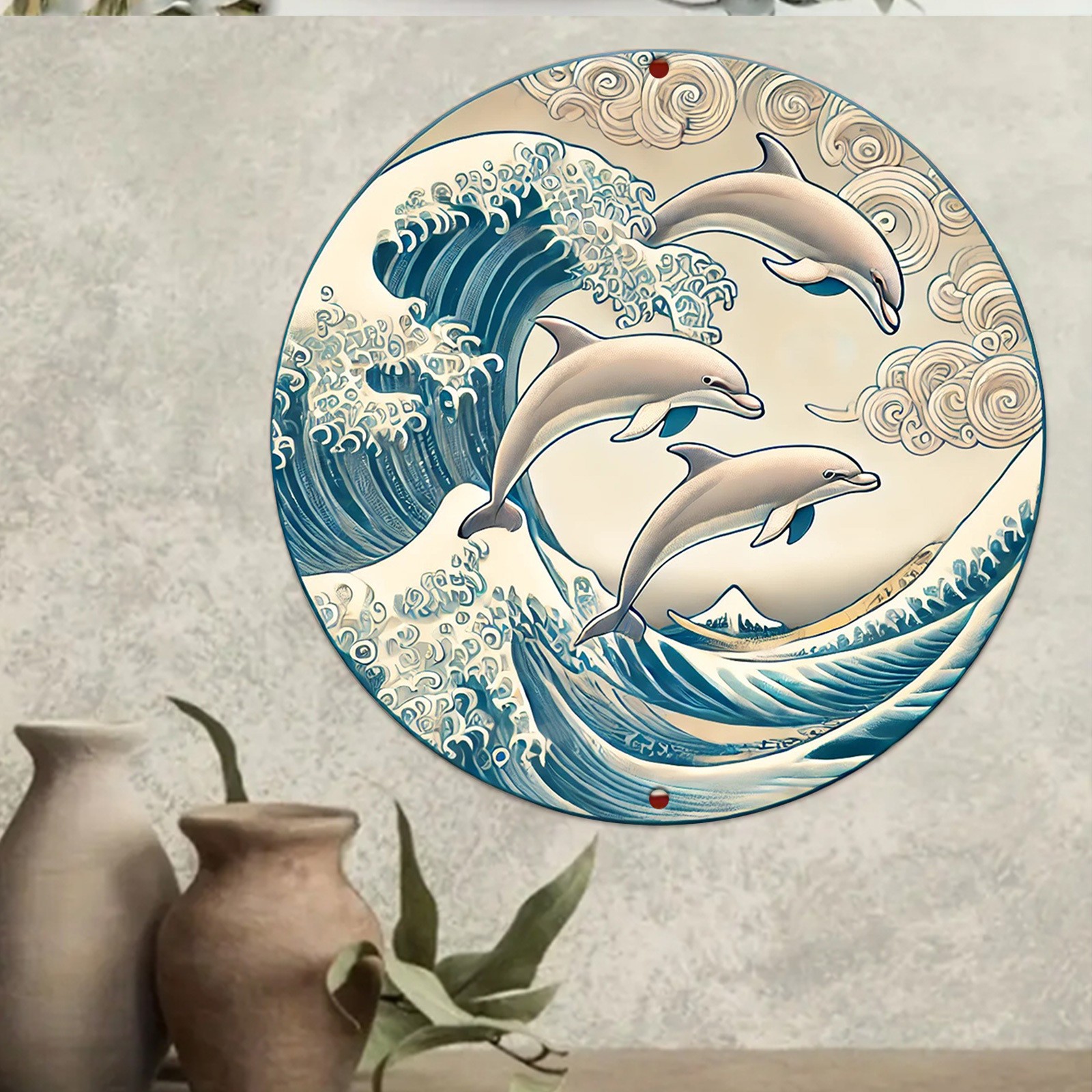 Dolphin Waves Round Relief Art - 8