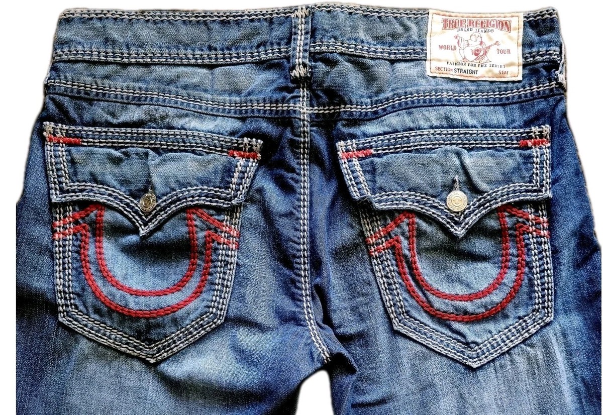 パンツ truereligion size36 True Religion Mega T Straight Flap Jeans Red Mens 36 Thick Stitch