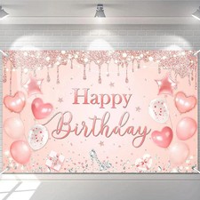 Happy Birthday Banner for Women and Girls Pink and Rose Gold Birthday Party Deco