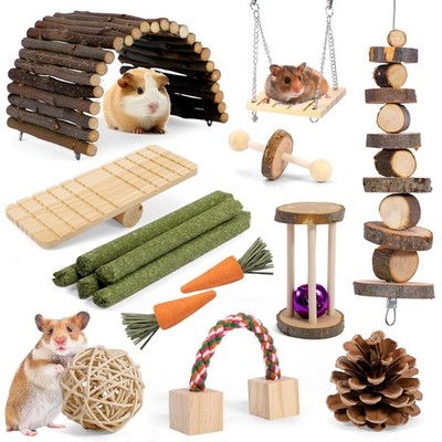 Small Pet Chew Toys Set with Hideout Wood Bridge Swing Seesaw for Hamster