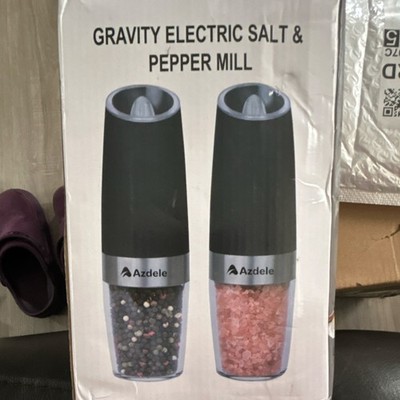 Azdela Gravity Electric Salt & Pepper Mill Set, Adjustable, Blue LED Light, 2pcs