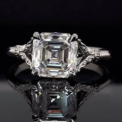 2,50 kt Moissanit-Verlobungsring im Asscher-Schliff mit geteiltem Schaft massiv 9 kt Weißgold