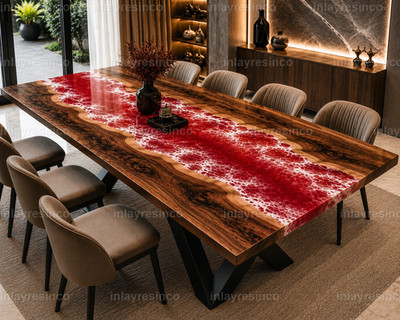 Luxury Red Epoxy River Dining Table | Live Edge Walnut Wood Table | Custom table