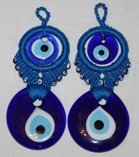 Turkish 7" Long Macrame 3" Glass Evil Eye Good Luck Wall Charm Set of 2