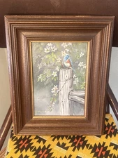 Vintage Small Original Blue Bird On A Fence Framed Oil Painting Signed C Mort