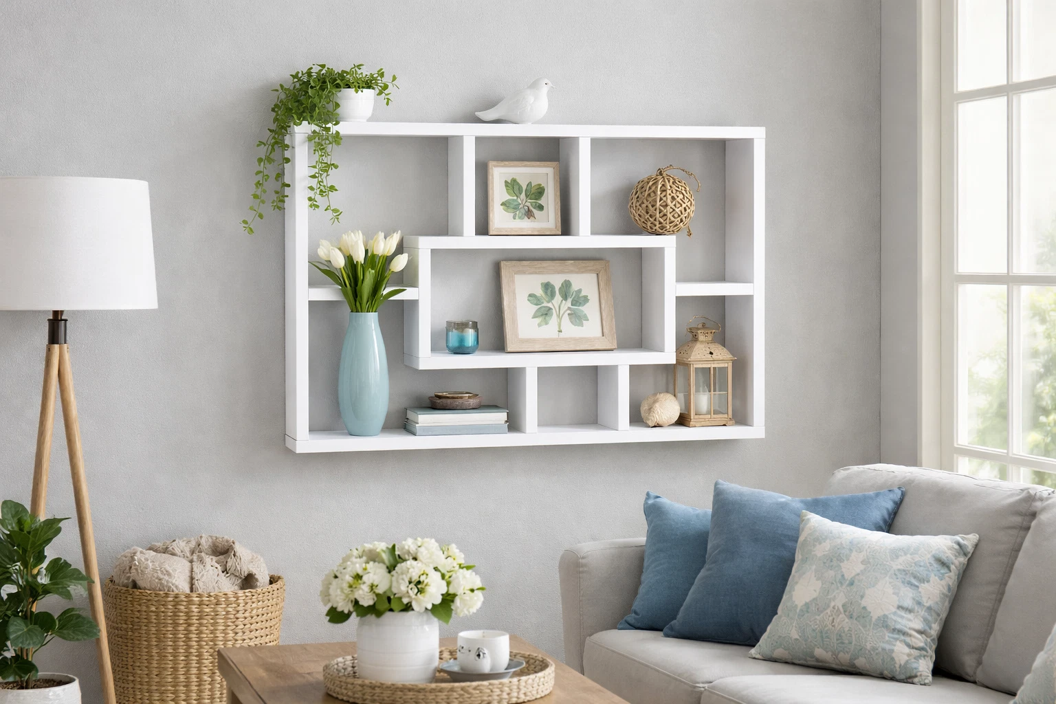 Wall Mounted Floating Shelf Multi Section Display Storage Shelves Modern White