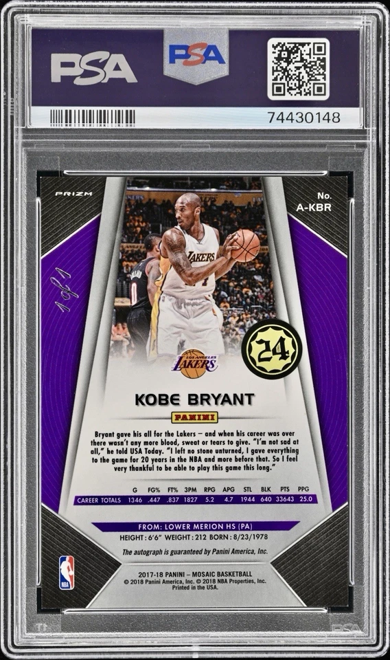 2017 PANINI PRIZM KOBE BRYANT BLACK PRIZM MOSAIC 1/1 AUTO PSA 9/10 #A-KBR - Image 2 of 2