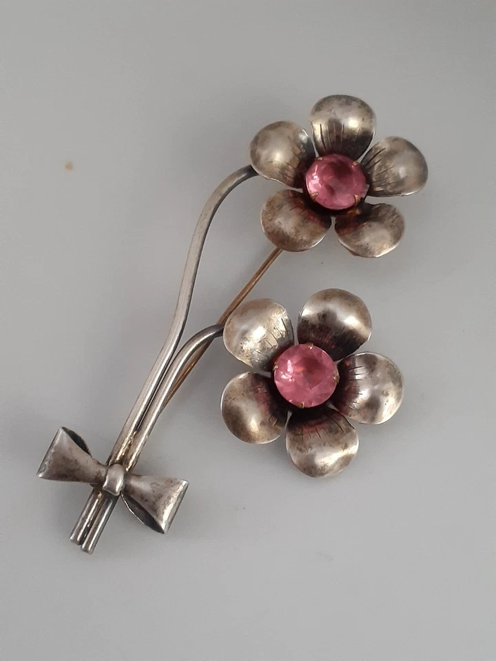 Broche de Colección Plata de Ley Oro Débil Lavado Flores y Lazo Piedra Rosa Conjunto de Puntas  Foto 2 de 4