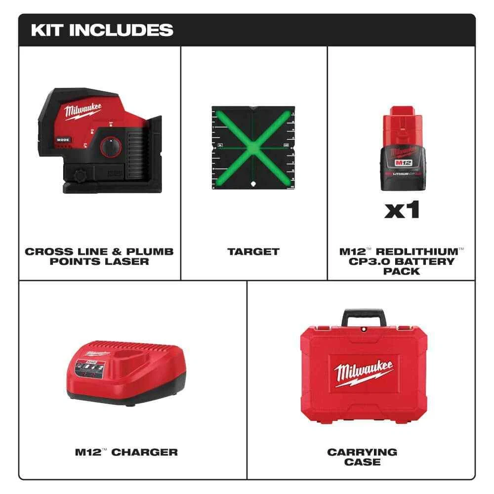 Milwaukee Laser Level Kit 12V Li-Ion Cordless Max Distance Adjustable w/Magnetic
