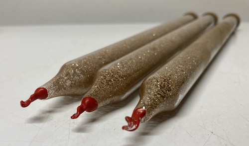 50s MCM Vintage Mercury Glass 3PC Taper Candle 12” Gold Sparkle Red Tip - AS IS